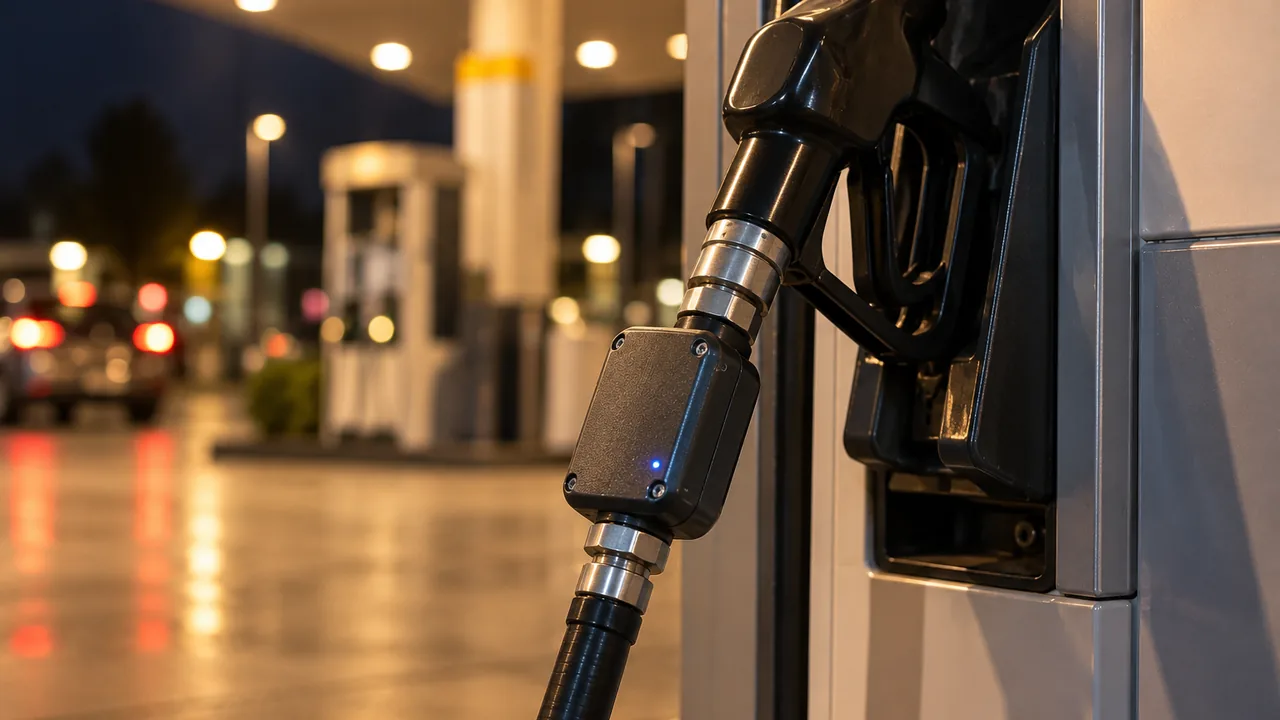 A fuel nozzle in its pump holster at a station at night, fitted with a small black FuelSec device showing a blue status light.